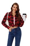 Fourindo Womens Plaid Shirt Ladies Cotton Tops Button Down Long Sleeve Womens Oversize Boyfriend Shirts Casual Flannel Checked Shirt with Pocket Red