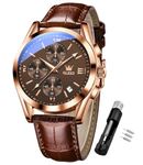 OLEVS Watch for Men Chronograph Brown Leather Gold Case Analog Quartz Fashion Business Dress Large Face Men Watch Day Date Luminous Waterproof Casual Male Wrist Watch Black/Blue/White Dial