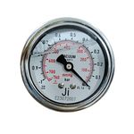 "Ji" Japsin Instrumentation Glycerin Filled Vacuum Gauge, Dial Size 2 1/2" (63 mm), Range -760 mmhg to 0 with Dual Scale of -1 Bar to 0, Direct Mounting Back Entry, Connection 1/4" BSP (M), SS Case