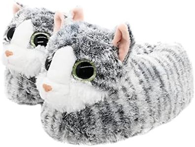 Onmygogo Indoor Fuzzy Winter Animal Cat Plush Soft Slippers For Women, Lovely Cat With Big Eyes (US men size 8-10.5, Grey)