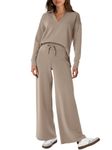 Glamaker Women's 2 Piece Sets Outfits Casual Long Sleeve Sweatsuits Polo Top and Wide Leg Pants Matching Sets, Camel Tan, L