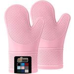 Gorilla Grip Heat Resistant Silicone Oven Mitts Set, Soft Quilted Lining, Extra Long, Waterproof Flexible Gloves for Cooking and BBQ, Kitchen Mitt Potholders, Easy Clean, Set of 2, Pink