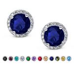 SWEETV Cubic Zirconia Stud Earrings, 8mm Round Cut, Rhinestone Hypoallergenic Halo Earrings for Women, Sapphire