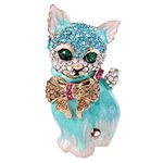 Ever Faith Plump 3D Cat Pet Austrian Crystal Enamel Brooch Gold-Tone Turquoise Color