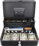 Drofail Metal Money Safe Box Locking Large Metal Cash Box with Money Tray Cantilever Coin Tray & 4 Spring-Loaded Clips Lock Box -Black