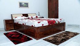 Ganpati Arts Solid Sheesham Wood Mayor Queen Size Bed with Box and Headboard Storage for Bedroom Furniture Solid Wood Palang Double Bed Wooden Living Room Furniture (Natural Finish) 1 Year Warranty