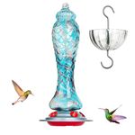 Birdkiss Hummingbird Feeders for Glass Outdoor: Hand Blown Glass 26 OZ Nectar Capacity, 5 Flower Ports, 8 OZ Ant Moat, Unique Backyard Decor Gardening Gifts for Bird Watching & Bird Lover Mermaid Blue