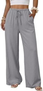 Duyang Womens Cotton Linen Palazzo Pants Drawstring Elastic Waist Casual Wide Leg Trousers with Pockets(Gray,L)