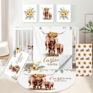 KAINSY Personalized Baby Crib Bedding Set, 5 Pcs Custom Name Baby Bedding Set, Double Layer Nursery Bedding Set for Baby Boy Girl, Highland Cow Baby Crib Set, Gift for Toddlers Infants New Parents