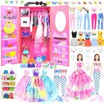 76Pcs Doll Clothes and Accessories with Doll Closet for 11.5 Inch Doll Dress up Set with 1 Doll Fashion Dresses Outfits Tops and Pants Shoe Rack Bags Gift Toy for Girls 4 5 6 7 8 9 10 Years