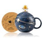 Kawaii Astronaut Cup Space Embossed Planet Mug, Cute Ceramic Coffee Mug, Novelty Mug with Lid and Spoon for Coffee, Tea, Milk, Aesthetic Room Decor Funny Gift Birthday for Girl Boy Women (Dark blue)