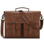 RAINSMORE Messenger Bag Briefcase for Men Waterproof PU Leather Laptop Bag 15.6 Inch Vintage Satchel Bag for Work Business Office College Brown