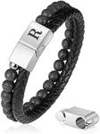 Initial Bracelets for Men, Black Braided Leather Bracelet for Men Lava Rock Stone Bead Bracelets for Men Beaded Bracelets Birthday Jewelry Gifts for Men Stress Relief Anxiety Bracelets for Men(R)