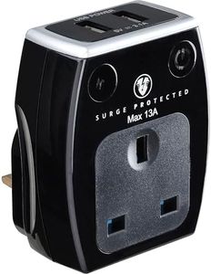Masterplug Single Socket Surge Protected Power Adaptor with Two USB Charging Points, Polished Black