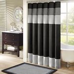 Madison Park Bathroom Shower Faux Silk Pieced Striped Modern Microfiber Bath Curtains, Black, 72 in x 72 in