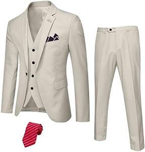 YND Men's Slim Fit 3 Piece Suit with Stretch Fabric, One Button Solid Blazer Vest Pants, Party Wedding Dress with Tie Beige X-Small