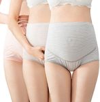 TRISTIN Cotton 3 Pack Pregnancy Maternity Overbump Smile High Waist Adjustable Underwear Knickers/Nursing Briefs, 14-16, Nude+pink+gray(3 Pack Striped)