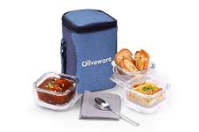 SOPL-OLIVEWARE Eathen Glass Lunch Box with Steel Spoon & Napkin, Microwave Safe, Borosilicate Glass Containers, Set of 3 (320ml Each), Fabric Bag - Blue