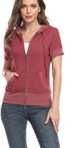 MISS MOLY Women's Short Sleeve Hoodie Full Zip Up Cotton Slim Fit Sweatshirt with Pocket Red 1 S