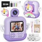 Skirfy Kids Camera Instant Print,48MP Unicorns Video Camera Toys for Kids with 5 Printing Paper & 32G TF Card,Birthday Toy Camera Gifts for Girls Boys 3-12