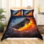 Ice Hockey Duvet Cover King Size Ice and Fire Comforter Cover 3D Boys Teens Sport Fans Puck Hockey Bedding Set Kids Winter Sport Game Theme Bedroom Decor Soft Quilt Cover