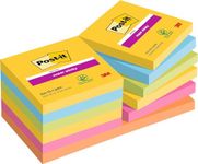 Post-it Super Sticky Notes, Double the Sticking Power, 12 Pads, 1080 Sheets, 76 mm x 76 mm, Yellow, Blue, Orange, Pink, Yellow Colors - Self-Sticking Notes for Walls, Monitors and Fridge