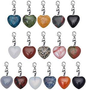 PH PandaHall Heart Stone Charms 16pcs Love Heart Pendants Valentine Charms Quartz Gemstone Chakra Stone Charm Pendants with Lobster Claw Clasps for Valentine Mother Wedding Necklace Jewelry Making