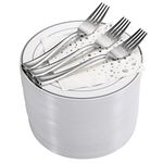 Stylish 7.5 Inch Silver Cake Plates with Disposable Forks and Cocktail Napkins (100 Set) - Small Appetizer Plates - Silver Plastic Dessert Plates - Plastic Cake Plates for Wedding Reception