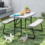 DWVO 37" Picnic Table, Folding Picnic Tables for Outdoors with Weather Resistant Resin Tabletop & Stable Steel Frame for Yard Patio Lawn Party, White