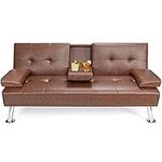 DORTALA Faux Leather Convertible Sectional Sofa Bed, Morden Folding Convertible Futon w/Cup Holders & Armrests Black, Multifunctional Upholstered Guest Sofa Bed for Living Room, Office, Apartment, Brown