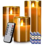 PESOMA Flameless LED Battery Powered Candles Glass Cup | Pillar Candles with Flickering Paraffin Wick | Amber Tinted Glass Set of 3 with Remote Controller for Decor Party Festival Decoration(Amber)