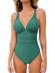 CUPSHE Women One Piece Swimsuit Deep V Neck Tummy Control Ruched V Back Classic Bathing Suits Teal M