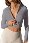 LASLULU Womens Crop Tops Zip Up Compression Athletic Shirts Long Sleeve Seamless Workout Yoga Gym Pullover Tops(Grey Medium)