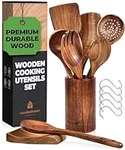 Wooden Spoons for Cooking, Cooking Utensils Set, Kitchen Utensil Set with Holder, Spoon Rest & Hanging Hooks, Teak Wood Nonstick Cookware – Durable Set of 8pcs by Woodenhouse