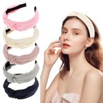 loucent 5-Pack Knotted Headbands for Women - Wide Non-Slip Top Knot Headbands for Stylish Hair Accessories- Off white &Sky gray