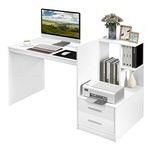 Tangkula White Desk with 2 Storage Drawers & Bookshelf, Home Office Desk with Corner Bookshelf & Printer Stand, Small Writing Study Desk for Small Space, Modern Vanity Table for Bedroom (White)