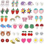 24 Pairs Hypoallergenic Stud Earrings for Girls Kids Cute Stainless Steel Stud Earrings Fun Mushroom Butterfly Flower Rainbow Frog Stud Earrings Set Jewelry for Little Girls Women