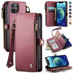 Defencase Wallet Case Compatible with iPhone 12/Pro with RFID Blocking Card Holder for Women Men, PU Leather Magnetic Snap Flip Zipper Strap Phone Case Suitable for iPhone 12/12 Pro 6.1", Wine Red