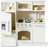 Tiny Land Wooden Play Kitchen Set for Kids, Realistic Pretend Toy with Oven, Microwave, Refrigerator, Dishwasher & Coffee Maker, Toddler Kitchen Toy with Floral Design for Boys & Girls