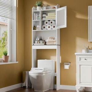 SUPER DEAL Over The Toilet Bathroom Storage Cabinet Freestanding Wooden Bathroom Organizer with Adjustable Shelves and Glass Door, White