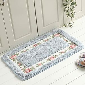 FAONIE Pretty Floral Rural Style Romantic Rose Flower Rug Shaggy Area Rugs Soft Non-Slip Doormat Floor Mat Bath Mat Bathroom Shower Rug Bedroom Living Room Carpet (Light Blue, L)