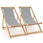 COSTWAY Folding Deck Chair, 3-Position Adjustable Bamboo Outdoor Sling Chair with Breathable Canvas, Portable Seaside Sun Lounger Garden Chair Recliner for Beach, Lawn and Poolside (2)