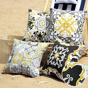 Phantoscope Set of 4 Outdoor Waterproof Throw Decorative Pillow Cover Geometric Boho Farmhouse Pillows Cushion Case for Patio Furnitures Tent Sunbrella, Gray and Yellow 18x18 Inches