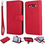 Ezhsmfu Wallet Case for Samsung Galaxy S3 Flip Cover with 2& Tempered Glass Screen Protector [3 Card Slot+Wallet][Magnetic][Kcikstand] 2 in 1 Disassemble Wrist Purse Shockproof,Red