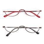 Retro Designer Alloy Half Moon Reading Glasses Women 2.0,REAVEE 2-Pack Half Frame Stylish Slim Reader with Pouch, Red and Gun Grey