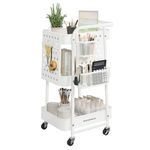 SONGMICS 3-Tier Storage Cart, Rolling Utility Cart, Metal Mesh Shelves, 2 Removable Pegboards, 2 Hanging Holders, 4 Hooks, Craft Cart for Living Room, Kitchen, Office, Bathroom, Cloud White ULRC037W01