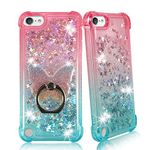 ZASE Design Case Compatible with iPod Touch 7th, 6th, 5th Gen Liquid Glitter Sparkle Bling Shockproof Cute Floating 3D Butterflies Quicksand w/Phone Ring Holder Stand (Gradient Pink Aqua)