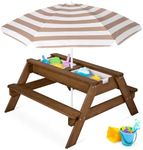 Best Choice Products Kids 3-in-1 Sand & Water Table, Wood Outdoor Convertible Picnic Table w/Umbrella, 2 Trays, Removable Top - Walnut/Beige