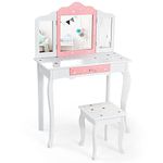 Costzon Kids Vanity Table & Stool Set, 2 in 1 Vanity Set with Detachable Top, Tri-fold Mirror, Beauty Makeup Dressing Table with Drawer, Twinkle Star Prints, Pretend Play Vanity Set for Girls (White)