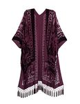 MJ SERECA Women's Burnout Velvet Kimono Long Cardigan Cover Up with Tassel (Burgundy)